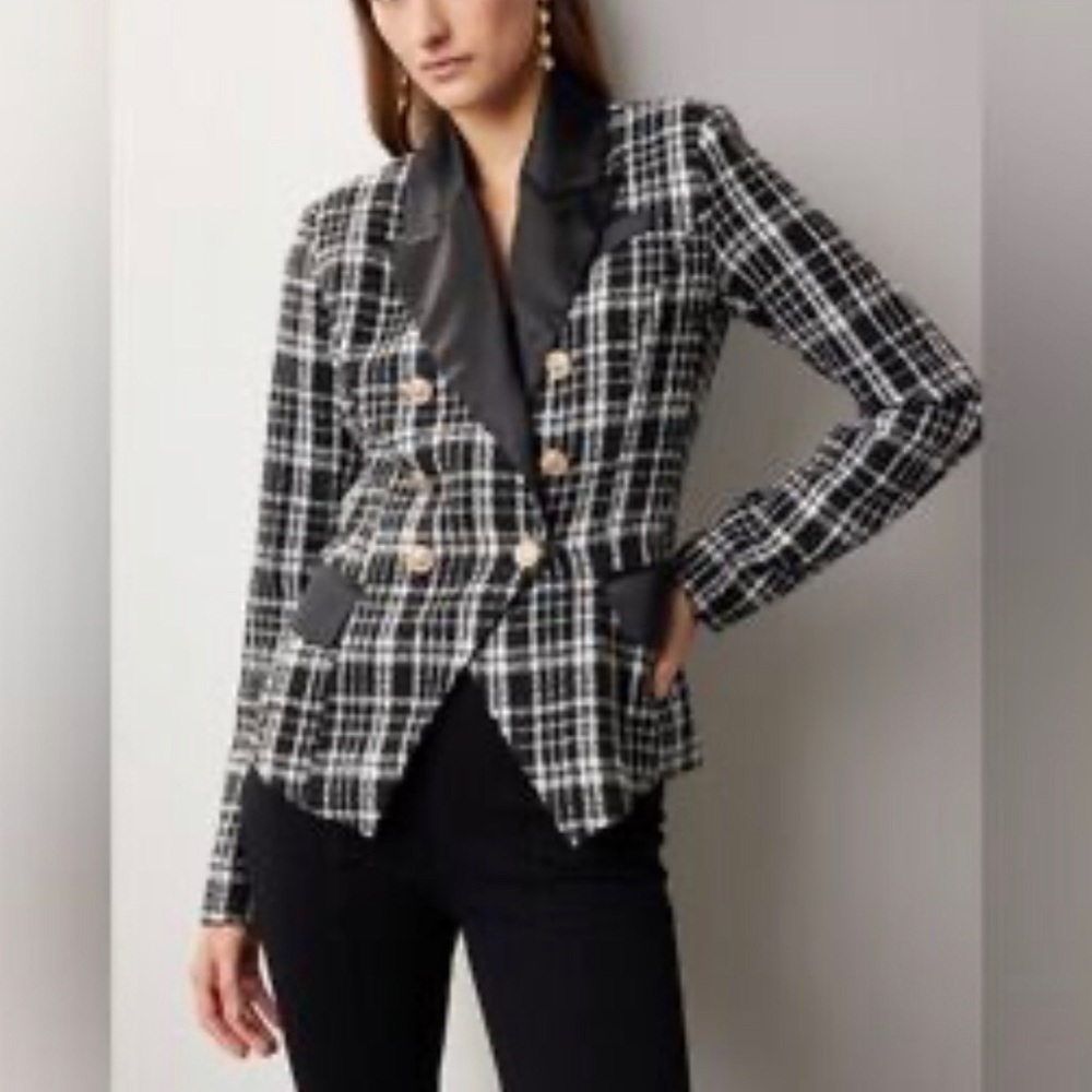 Rachel Parcell Double Breasted Black/White Plaid Satin Lapel Blazer Size 8
